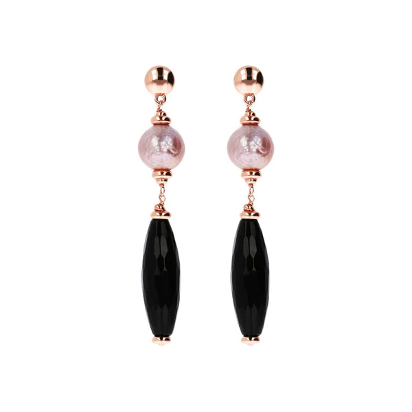 Black Onix and Rose Ming Pearl Dangle Earrings - BRONZALEUR