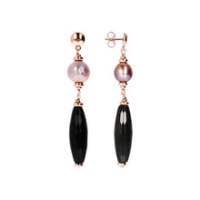 Load image into Gallery viewer, Black Onix and Rose Ming Pearl Dangle Earrings - BRONZALEUR
