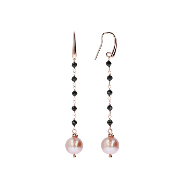 Black Spinel and Rose Pearl Dangle Earrings - EARRINGS Best