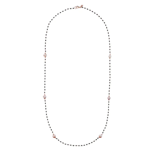Black Spinel and Rose Pearl Long Necklace - BRONZALEUR